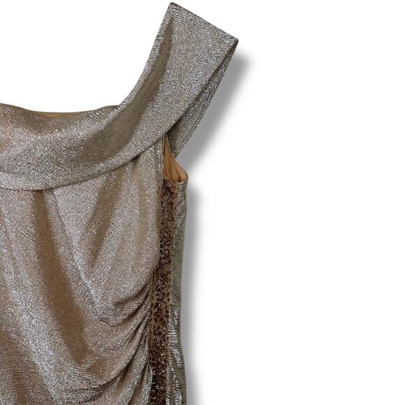 Calvin Klein Gold Metallic Sequin Off-the-Shoulder Ruched Maxi Evening Gown 16W - Picture 4 of 11